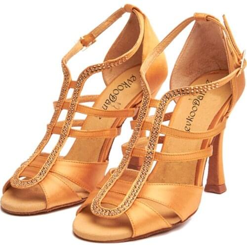 10cm Heeled Women Latin Shoes Tan Satin Dance Shoes Crystal Latin Salsa Ballroom Dance Shoes Wpmen Wedding Party Dancing Shoes