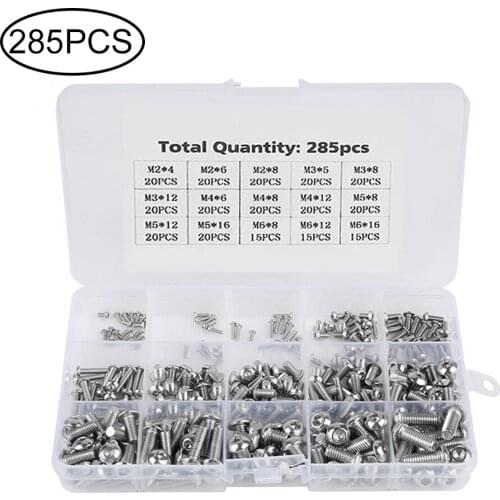 285Pcs/Box M2 M3 M4 M5 M6 Round Head Hex Socket Screws Stainless Steel for Repairing Electronic Equipment Computer Hard Disk
