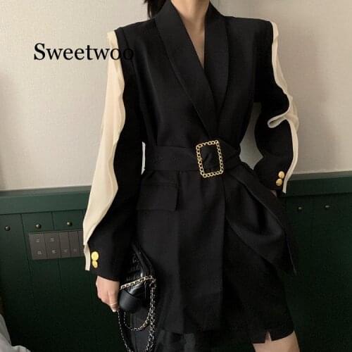 2020 New Spring Autumn Black Suit Jacket Mixed Colors Lace-up Long Sleeve Suit with belt Sexy Loose Fashion Coat Woman