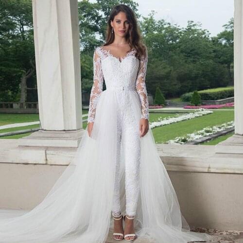 A-Line Sweetheart Simple Wedding Dress For Women 2021 Detachable Train Long Sleeves Lace Applique Illusion Tulle