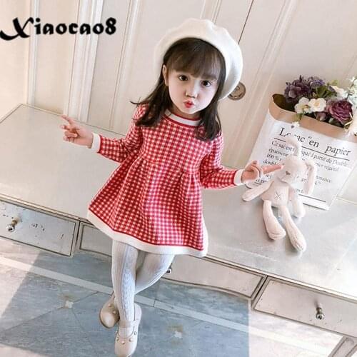 2020 Winter Autumn Girls Knitted Sweater Dresses Toddler Baby Kids Plaid Princess Dress Fall Clothes 3 4 5 6Y Children Clothing
