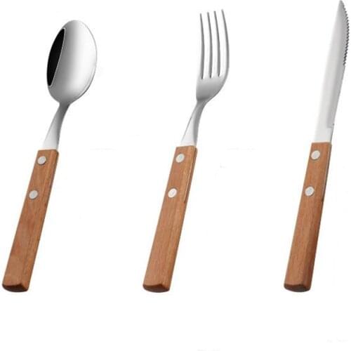 3Pcs/set Stainless Steel Dinnerware Set Glossy Silver Wooden Tableware Western Food Knife Fork Teaspoon Creativity Cutlery Set