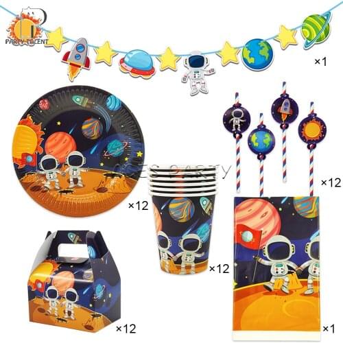 50Pcs for 12kids Boys Astronaut Solar Space theme birthday party supplies tableware set, plate+glass+straw+banner+giftbox