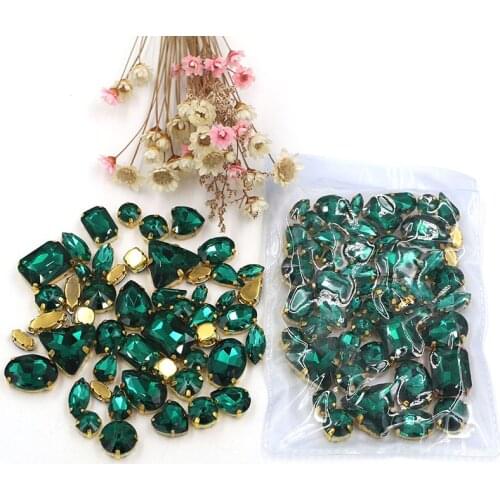 50pcs/bag high quality mixed shape Malachite Green glass crystal sew on gold claw rhinestones diy clothing accessories