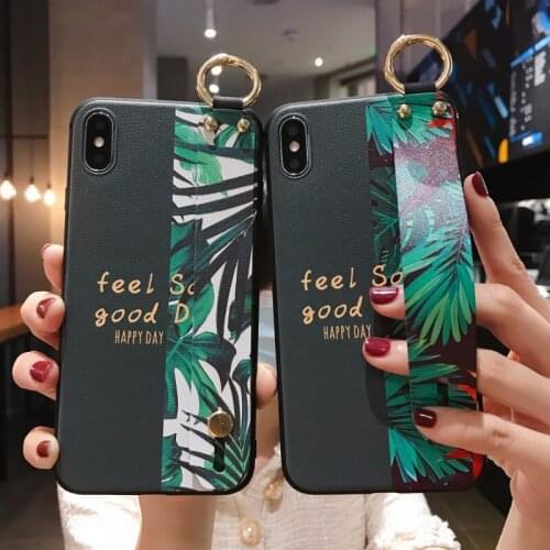 Banana leaf wrist strap holder phone case For iphone 11 12 Mini Pro Max X XR SE 2020 6s 7 8 plus shockproof soft TPU back cover