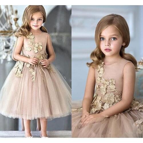 Flower Girls Dresses For Weddings Champagne Tulle Appliques Tea Length A Line Girls Pageant Gowns Zipper Back Customized Kids
