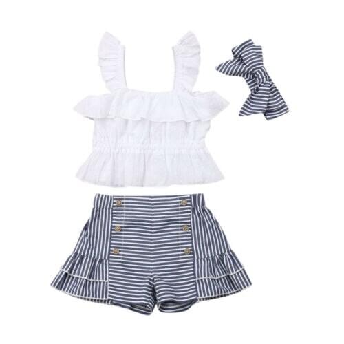 Baby Clothes Toddler Kid Baby Girl Sleeveless Strap Tops+Stripe Shorts+Headband 3PCS Outfits Set Sunsuit