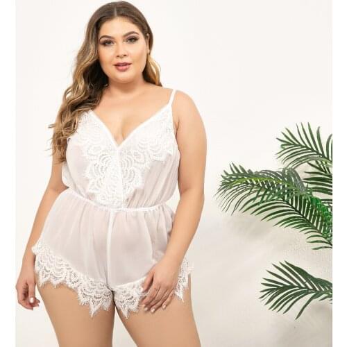 DOIB Women White Pajamas Playsuit Spaghetti Strap Lace Patchwork V Neck Sexy Sleepwear Plus Size Nightwear