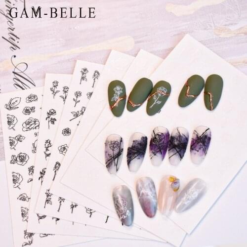 GAM-BELLE 1 Sheet Nail Sticker Stick Figure Rose Leaves Pattern Gel Polish Slider Accessories Nail Art Decals Wraps Decoration