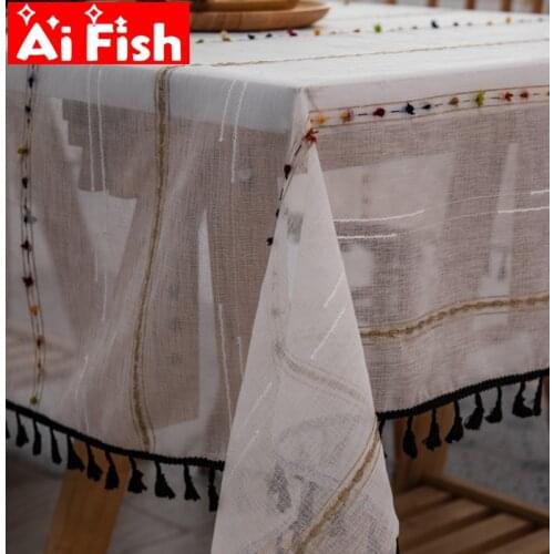 Faux Linen Embroidered Colorful Rainbow Stripe with Black Tassels Voile For Home Dinner Kitchen Hotel Banquet Tablecloth #4