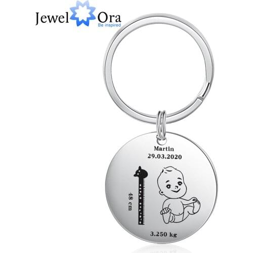 JewelOra Personalized Keychain Fashion Stainless Steel Jewelry Customized Baby Photo Mother Gift Engrave Height&Weight for Women