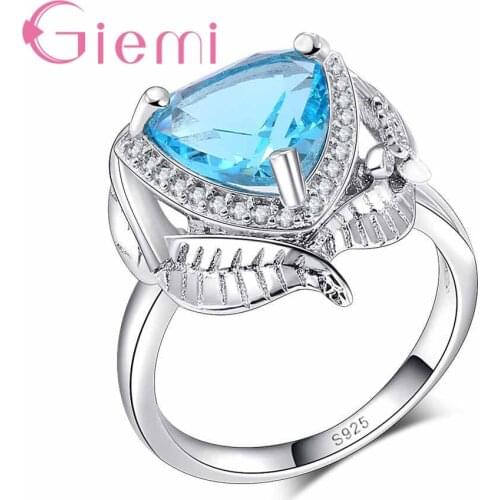 Classic Glamorous Blue Geometric Shape Leaf Pattern Crystal Stone Ring Engagement Wedding Jewelry 925 Sterling Silver