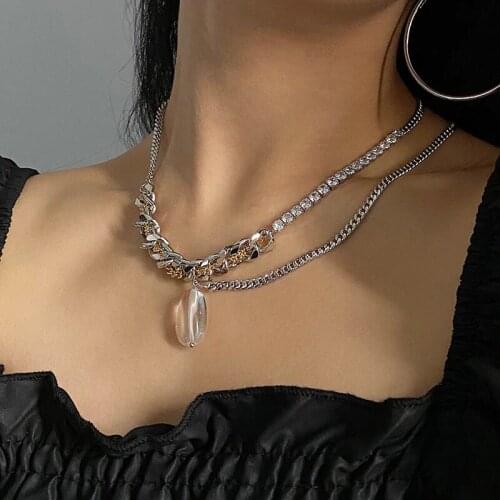 Lifefontier Layered Zircon Metal Chain Choker Necklace Natural Stone Pendant Gold Silver Color Chain Necklaces for Women Jewelry