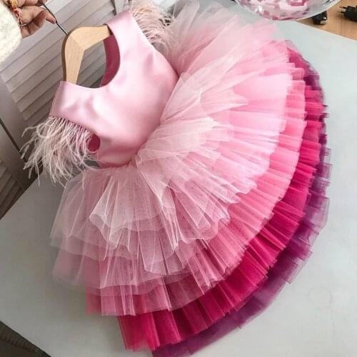 Tiered Girls Infant Baby Girls Puffy Dresses Toddler Girls Tutu Dresses Gowns Shade Colorful Girls Birthday Dress Feather Sleeve