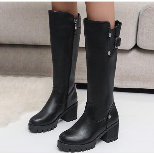 Fashion Womens High Boots Shoes Leather Breathable Chunky High Heels Retro Zipper casual Long Booties Shoes Female 2021 #40