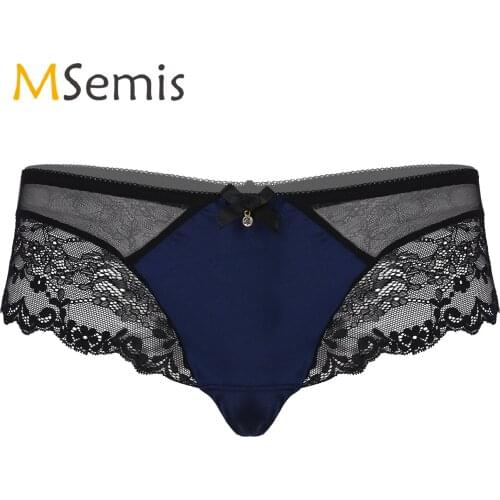 Mens Lingerie Sissy Underwear See-through Lace Patchwork Bowknot Adorned Panties Malee Sissy Crossdresser Briefs Underpants