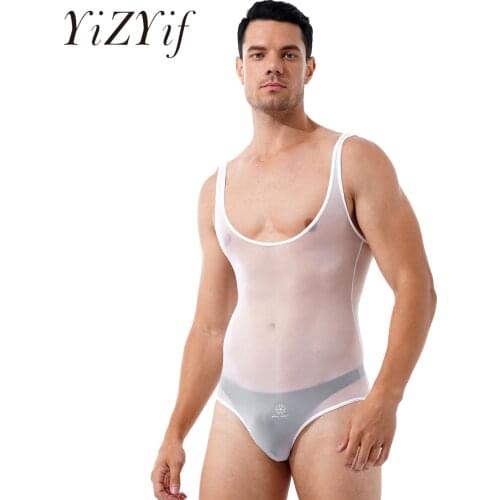 Mens Lingerie Sexy See-through Leotard Bodysuit Underwear Erotic Sexy Teddies Costume Glossy Scoop Neck Sleeveless Bodysuit
