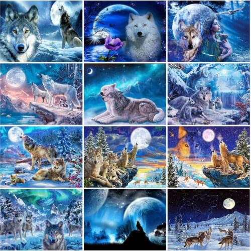 HUACAN 5D Diamond Painting Wolf Craft Kit Full Drill Rhinestone Diamond Embroidery Animal Mosaic Moon Needlework Handmade Gift