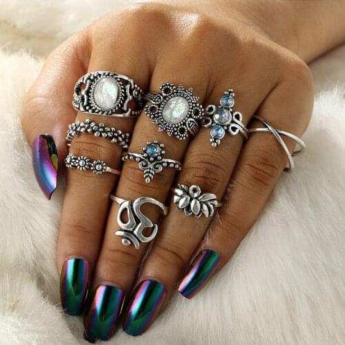 TianBo 9 PCS/Set Opal Ring Set Jewelry Crystal Lotus Moon Boho Finger Rings for Women Boho Knuckle Ring Statement Jewelry Gift