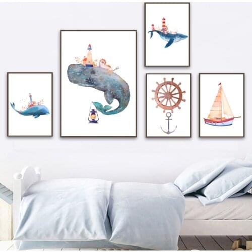 Whale Lighthouse Ship Anchor Rudder Stone Wall Art Canvas Painting Nordic Posters And Prints Wall Pictures Baby Kids Room Decor