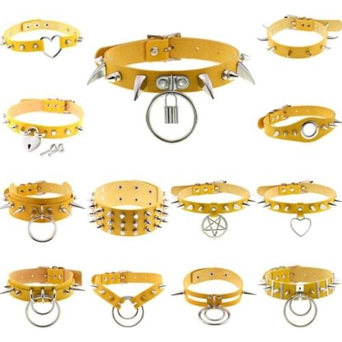 Steampunk Yellow Goth Spike Rivet Choker Collar Necklace Women Men Hip Hop Rock Metal Round Pentagram PU Leather Necklaces Party