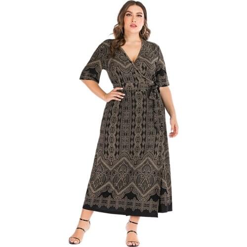 DOIB Women Floral Dress Plus Size Cross V Neck Short Sleeve Sashes Large Size Long Dress Maxi Belted Wrap Dress 6XL