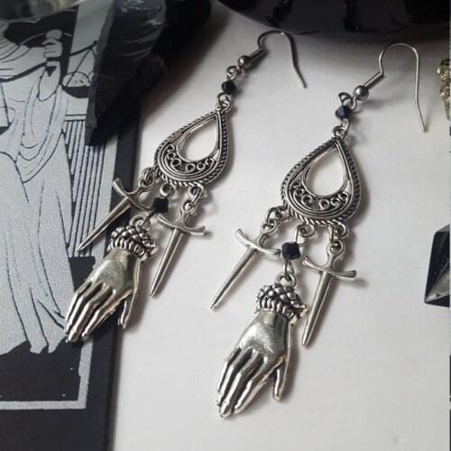 Silver Plated Dagger & hands earrings - Witchy, stones, talisman, tradgoth, crystals, alternative, gothic, romantic, Equinoxart