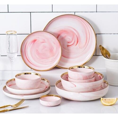 Tableware ceramic bowl and plate set marble texture with golden rim tableware set household rice bowl shallow plate pink