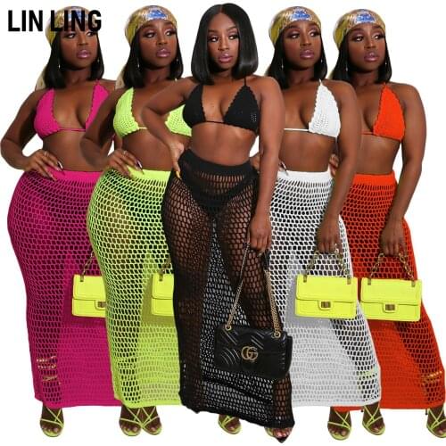 LINLING Hollowed Out Sexy Tights Womens Hand-knitted Hollow Beach Blouse Sexy Grid Perspective Two-piece Suit Fashion Club