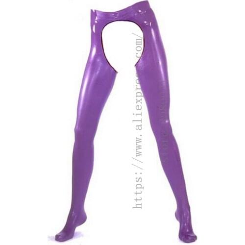 Adults sexy latex leggings with crotchless design sexy purple latex stretch panties with black trims decorations