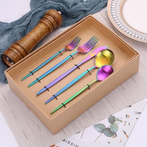 30Pcs Matte Rainbow Stainless Steel Cutlery Set Tableware Forks Knives Dessert Spoons Wedding Christmas Gift Spoon Fork Set