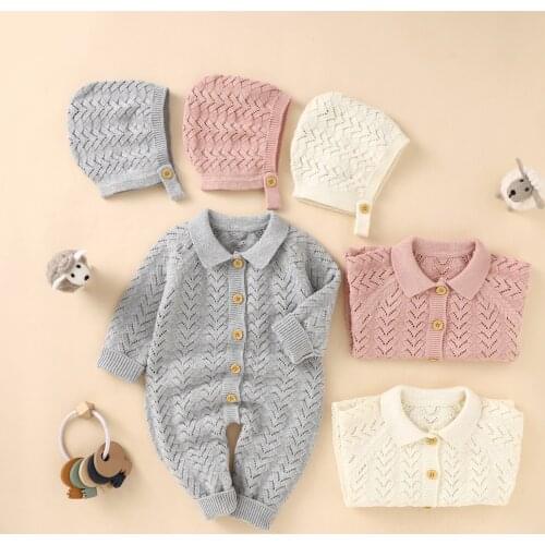 Infant Knit Jumpsuit + Hat, Single Breasted Casual Style Ribbed Closure Spring and Autumn Clothing