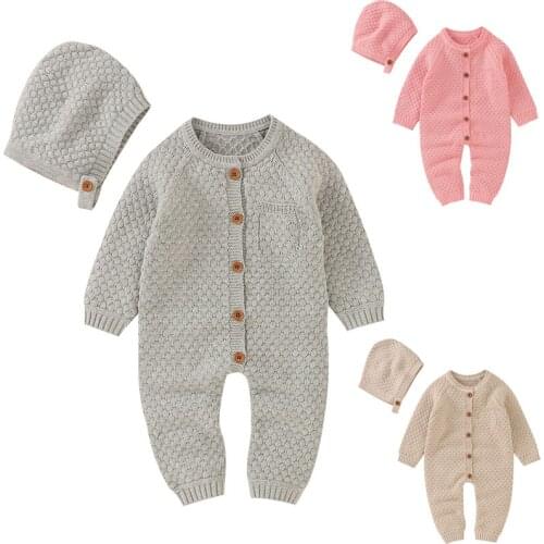 Korean Style Autumn Winter Infant Boys Girls Knitting Solid Color Jumpsuit+Hat Toddler Baby Girl Long Sleeve Knitting Romper