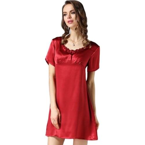 Ladies Spring Summer Silk Pajamas Short Sleeve Nightdress Noble Lace Silk Home Dress Mulberry %100 Women