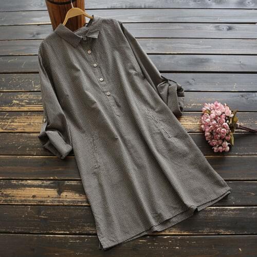 7325 New Spring Women Shirt vintage Literary Long Sleeve Stripe Loose Casual Cotton and linen Blouse Women