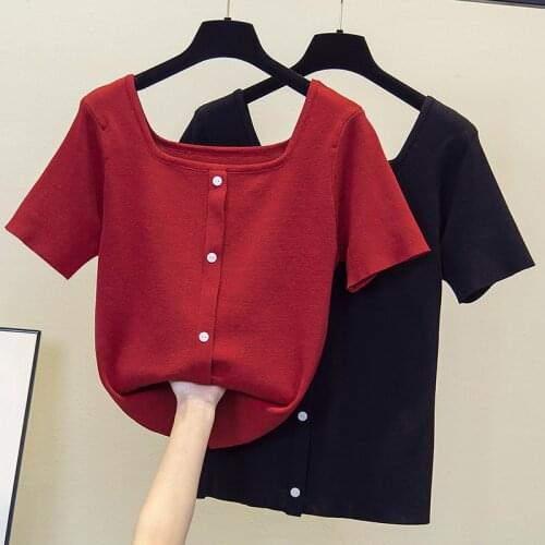 Large size womens summer kint sweaters 2021 fashion short sleeve square collar button Oversized pullover female jersey mujer