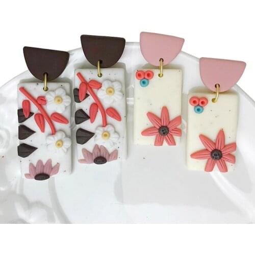 Polymer Clay Earrings for Women Handmade with Textured Floral Design Dangle Earrings Modern Jewelry Cute Fashion Accessories