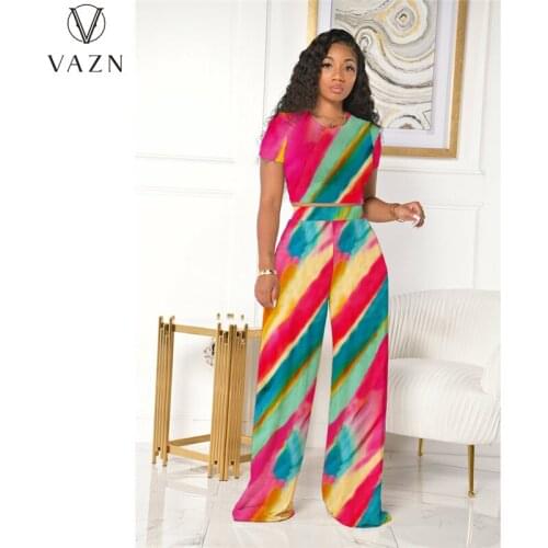 VAZN 2021 summer women new street casual style sets short sleeve short top elastic long pants printed two piece sets