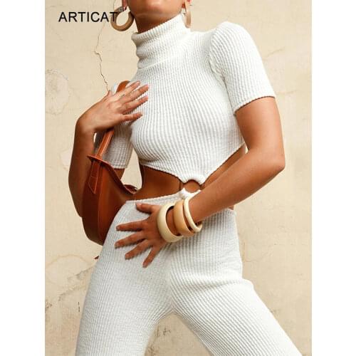 Articat Turtleneck Knit Hollow Out Jumpsuits Women Short Sleeve Backless Bandage Wide Leg Jumpsuit Streetwear Female Overalls
