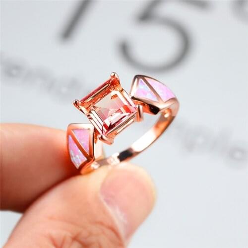 Charm Pink Opal Engagement Ring Classic Female Square Crystal Rainbow Stone Ring Vintage Rose Gold Color Wedding Rings For Women