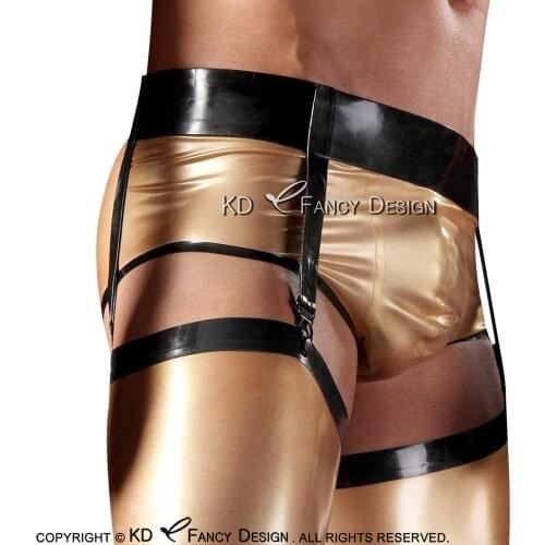 Golden And Black Trims Sexy Latex Panties With Garters Rubber Boy Shorts Underpants Underwear Briefs DK-0165