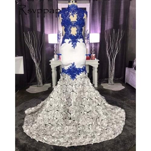 White Mermaid Long Prom Dresses 2021 Exquisite Royal Beaded Applique High Neck Long Sleeve 3D Flowers African Girl Prom Dress