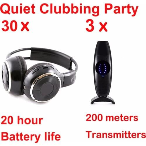 Silent Disco complete system black folding wireless headphones - Quiet Clubbing Party Bundle (30 Headphones + 3 Transmitters)