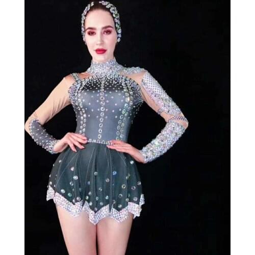 Big Elastic Colorful Rhinestones Long Sleeve Mini Dress Sexy Women Birthday Celebration Dresses Singer DS Jazz Costume DWY2931