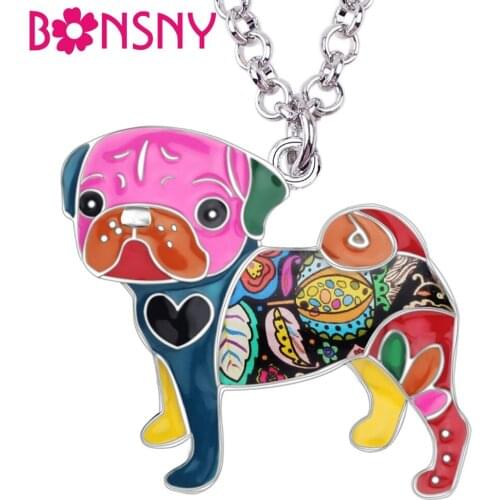 Bonsny Statement Metal Alloy Pug Dog Choker Necklace Chain Collar Pendant Fashion New Enamel PET Jewelry For Women Charms Gifts