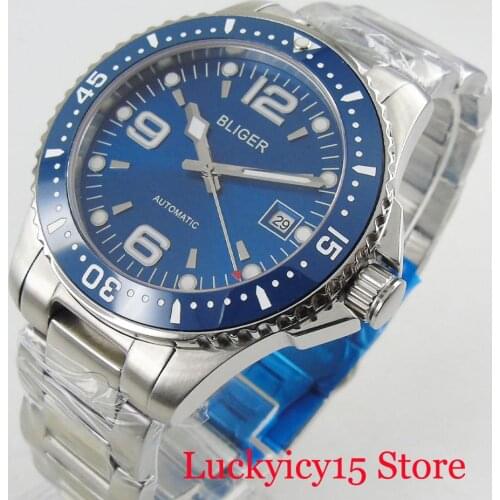 BLIGER Brand Luxury Mechanical Men Watch Blue Dial MIYOTA Movement Date Window Steel Band Rotating Bezel