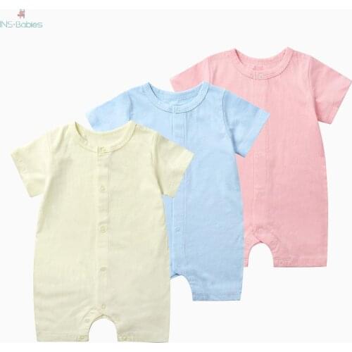 Baby Jumpsuit 2020 Summer New Short-sleeved Baby Boys Climbing Clothes Button Pure Color Thin Rompers Girls Pink Cotton Clothes