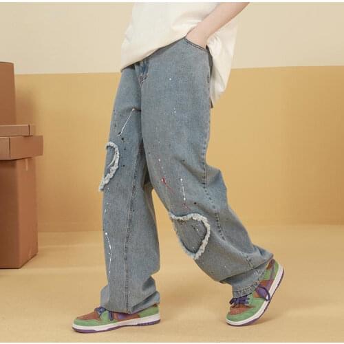 Stickers love summer vintage streetwear high street jeans women hip-hop ins loose trend wide leg pants female super stretch jean