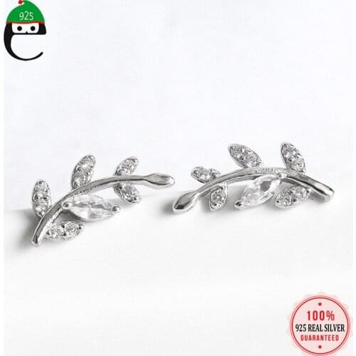 ElfoPlataSi New 925 Sterling Silver Jewelry Sweet Leaves Twinkling CZ Stud Earring For Women Silver 925 Earring Jewelry DA764