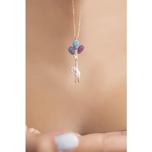 Elika Silver Flying Balloon Figured Rose Plated 925 Sterling Silver Necklace